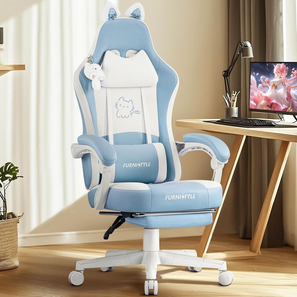 Gaming Chair - Ergonomic Blue/White Gaming Chair with Lumbar