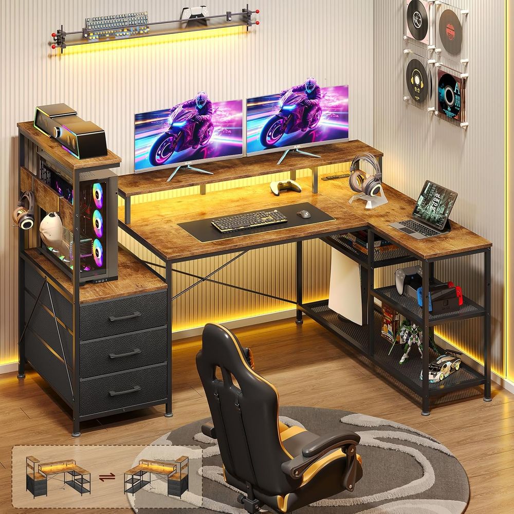 L-Shaped Gaming Desk with Draw - Monitor Stand ulasan dan harga