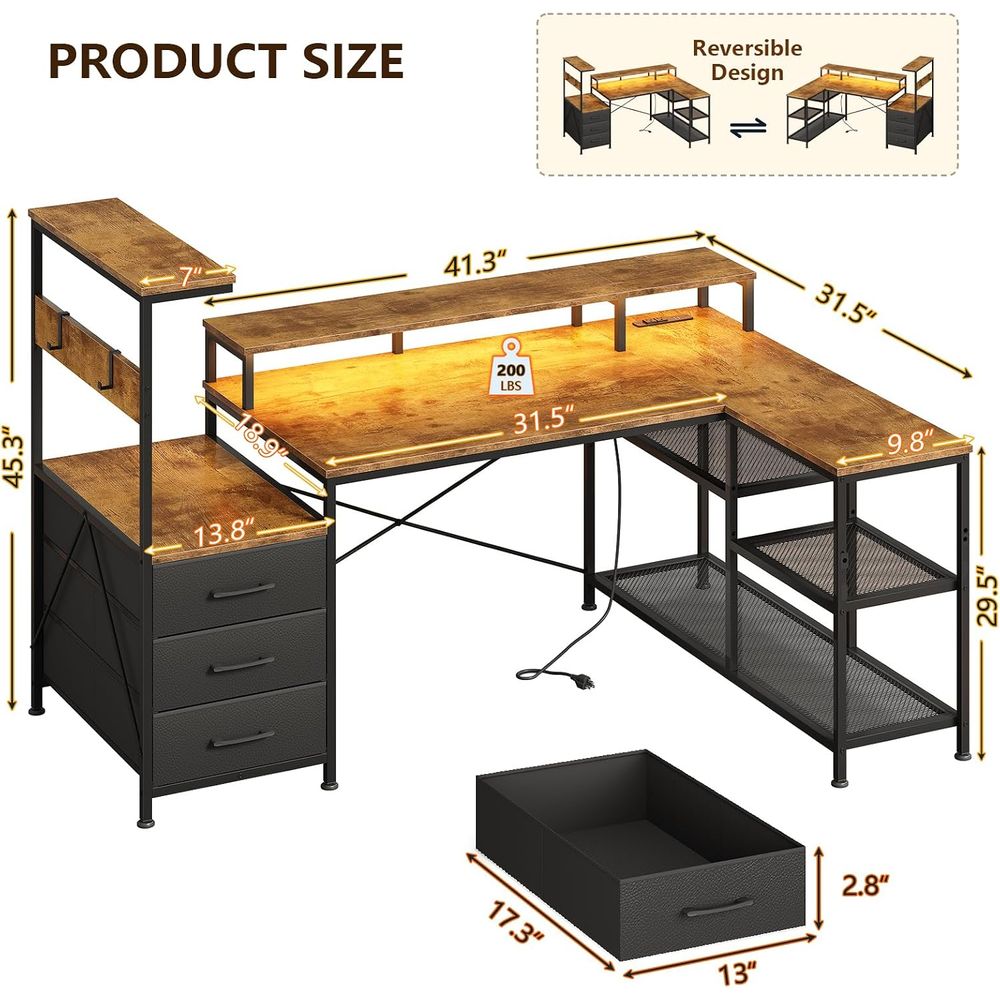 L-Shaped Gaming Desk with Draw - Monitor Stand ulasan dan harga